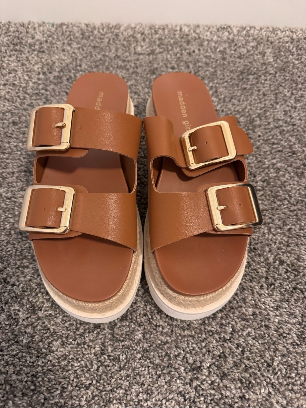 Madden Girl Tan Platform Espadrille Slide Sandals with Gold Buckles - Picture 4 of 6